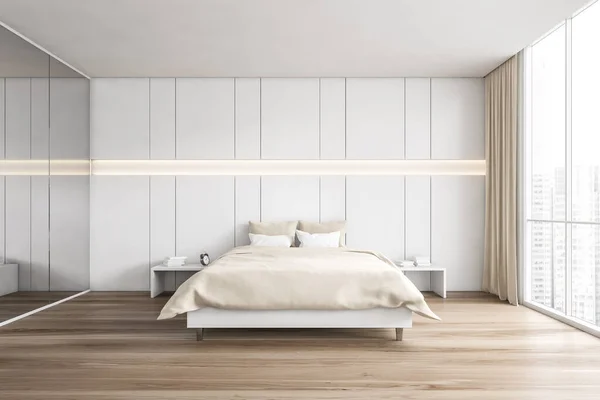 Beżowy Drewniany Pokój Białe Łóżko Poduszkami Pościel Minimalistyczny Pokój Sypialny — Zdjęcie stockowe