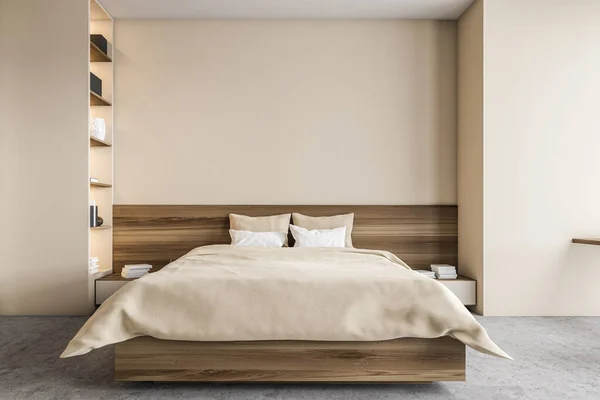 Beżowy Drewniany Pokój Drewniane Łóżko Poduszkami Pościel Minimalistyczny Pokój Sypialny — Zdjęcie stockowe