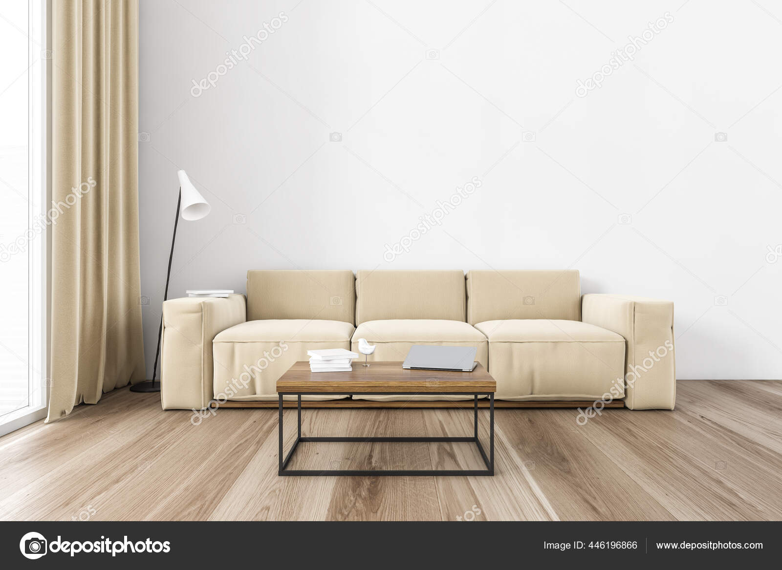 Salón con sofá minimalista y gran ventanal con cortinas blancas