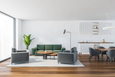 Yeşil kanepesi ve gri koltukları olan beyaz oturma odası, halı üzerinde kahve masası, parke zemin. Mutfak seti ve yemek masası olan oturma odası, 3 boyutlu, kimseyi göstermiyor.