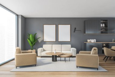 Gri oturma odasında bej kanepeli, koltuklu, halılı kahve masalı, parke zeminli model çerçeve. Beyaz kanepeli oturma odası, 3 boyutlu, insan yok.