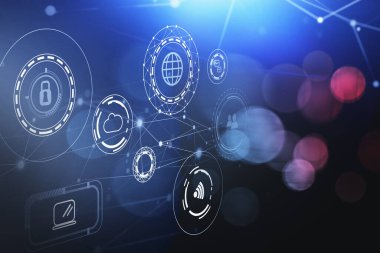 İşletme bilgi grafikleriyle dijital HUD arayüzü ve mavi arkaplan üzerinde hologram olan veri temsili. İstatistik ve veri kavramı. 3d rendelenmiş resim