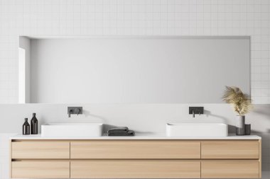 Beton duvarlı şık bir banyo, yatay aynalı rahat bir çift lavabo. 3d oluşturma