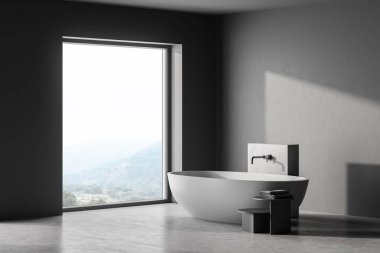 Modern banyo içi koyu beton duvarlar, gri zemin, beyaz küvet. Panoramik pencere. 3d oluşturma