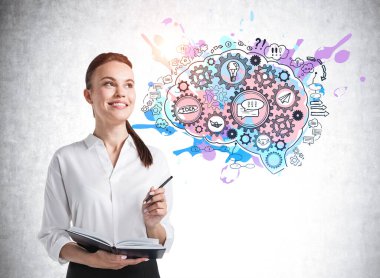 Üzerinde renkli bir beyin çizimi olan beton duvarın yanında duran, güveni tam genç Avrupalı iş kadını portresi.