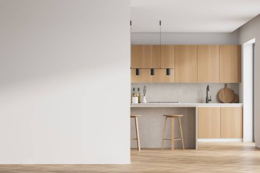 Modern mutfak iç mimarisi beyaz duvarlı, ahşap tezgahlı lavabo ve ocağı var. 3d hazırlama taklit alanı.