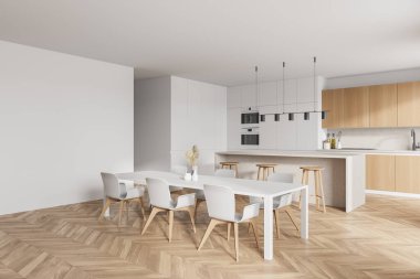 Beyaz duvarları, ahşap parke zemini ve beyaz tezgahları olan modern mutfak. Yanında sandalyeler olan uzun bir masa. Duvarı düzenle. 3d oluşturma