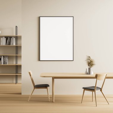Yemek odasının içinde ahşap bir zemin, sandalyeli bir masa ve üzerinde de çerçeveli dikey bir poster var. 3D oluşturma maketi