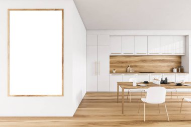 Beyaz ve ahşap minimalist mutfak, ön manzara, sandalyeli yemek masası. Tabakları açık modern mutfakta yemek masası, 3 boyutlu, insan yok.
