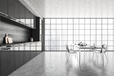 Siyah ve gri minimalist mutfak, yan manzara, sandalyeli yemek masası, şehir manzaralı pencere. Tabakları mermer zeminde yemek masası, 3 boyutlu, kimseyi göstermiyor.