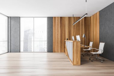 Ahşap ve gri resepsiyon odası, iki bilgisayar, parke zemin ve şehir manzaralı pencereler. Ofis masalı resepsiyon girişi, mermer kat 3D, kimseyi göstermiyor.