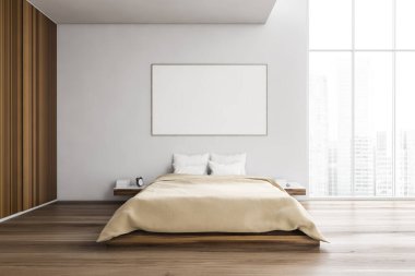 Bej ve ahşap yatak odasındaki bez çerçeve, beyaz yastıklı yatak ve çarşaflı yatak, ön manzara. Ahşap gardırop ve beyaz duvar, şehir manzaralı pencere, 3D 'de insan yok.