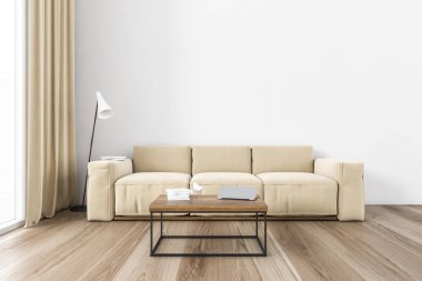Minimalist oturma odasında parke zeminli bej kanepe. Pencerenin yanındaki kanepe, perdeli ve beyaz duvarlı. Bilgisayarlı kahve masası, 3 boyutlu, kimseyi göstermiyor.