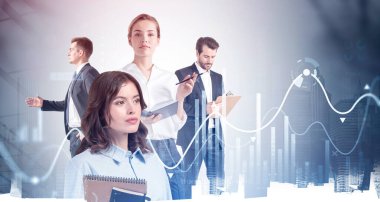 Borsa davranışlarını tahmin etmek için analitiği araştıran bir grup iş adamı. Arka planda eski çizelge ve New York. Çift pozlama