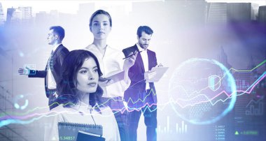 Borsa davranışlarını tahmin etmek için analitiği araştıran bir grup iş adamı. Arka planda eski çizelge ve New York. Çifte maruziyet. Tonu ayarlanmış resim