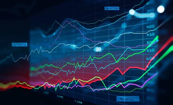 Borsa Fintech Forex Kavramı Koyu Mavi Arkaplandaki Bulanık Mavi Dijital — Stok fotoğraf