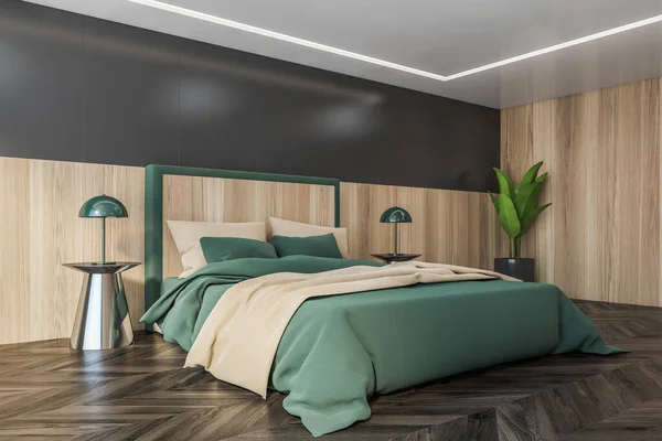 木制卧室 床与米黄色枕头和绿色亚麻布 侧视图 放置在墙角的灯和花篮地板上的灯 3D渲染没有人 — 图库照片