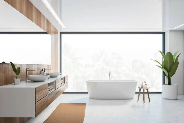 木制和白色浴室与浴缸 前视图 大窗户与手掌室外 简约的现代浴室 带有水槽和白色瓷砖地板上的镜子3D渲染 没有人 — 图库照片