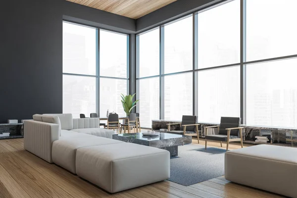 Moderner Bürowartebereich Mit Grauen Sesseln Und Sofa Marmor Couchtisch Holzparkett — Stockfoto