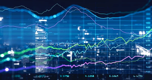 Double Exposure Blurry Financial Charts Night Cityscape Background Concept Trading — Stock Photo, Image