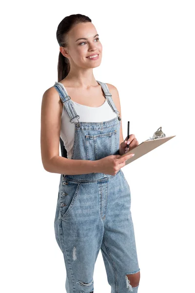 Ung Leende Flicka Vit Shirt Och Denim Overaller Hålla Planerare — Stockfoto