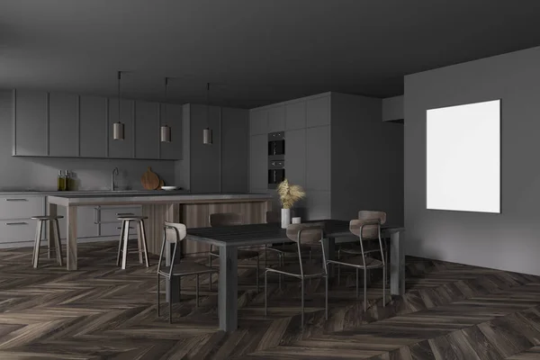 Intérieur Cuisine Moderne Avec Des Murs Gris Parquet Bois Des — Photo