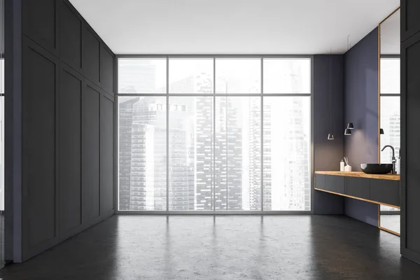 舒适的主浴室内部 有灰色的瓷砖墙 混凝土地面 舒适的双水池 垂直的镜子站在灰色的台面上 窗户与模糊的城市景观 3D渲染 — 图库照片