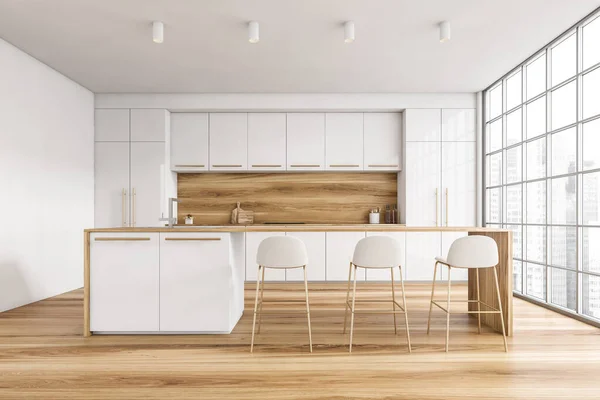 White and wooden minimalist kitchen, front view, dining table with bar chairs, window with city view. Cutting table in light modern kitchen, 3D rendering no people