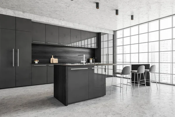 Black and marble minimalist kitchen, side view, dining table with bar chairs, window with city view. Cutting table in grey modern kitchen, 3D rendering no people