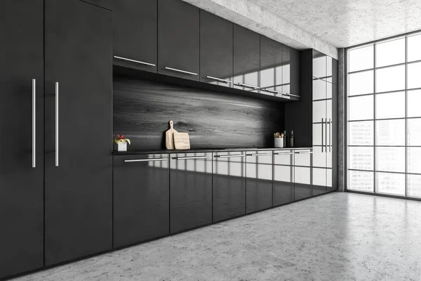 Black and grey minimalist kitchen set with appliances and stove, windows with city view, side view. Dark luxury kitchen on marble floor, 3D rendering no people