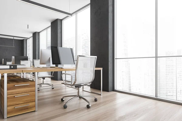 Wooden Office Room Armchairs Computers Tables Windows Grey Wooden Office — Stock Photo, Image