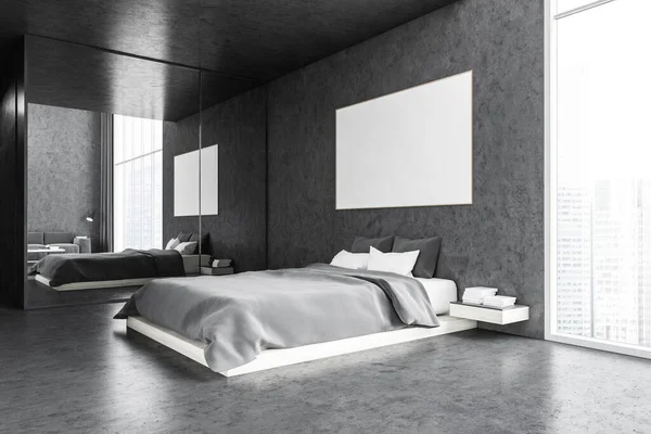 Gri Yatak Odasındaki Bez Çerçeve Beyaz Yastıklı Yatak Gri Çarşaflar — Stok fotoğraf