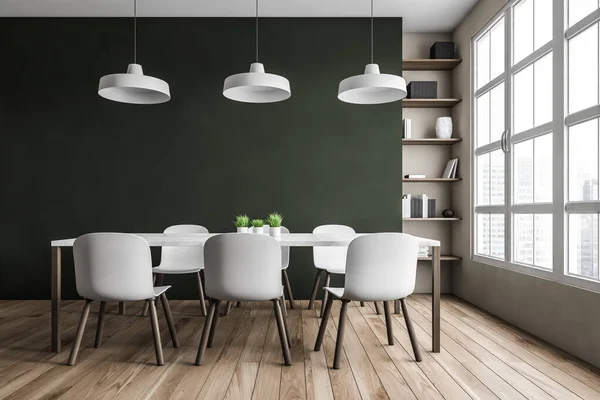 Soggiorno Verde Legno Con Sedie Tavolo Sul Pavimento Parquet Vista — Foto Stock