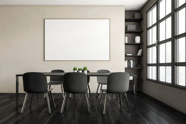 Mockup canvas frame in white and black living room with chairs and table on black parquet floor, front view, window with city view. Bookshelf in the corner, 3D rendering no people