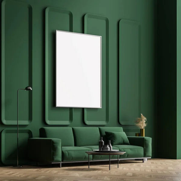リビングルーム内のポスターを緑の壁とソファでモックアップします 木製の寄木細工 3Dレンダリング — ストック写真