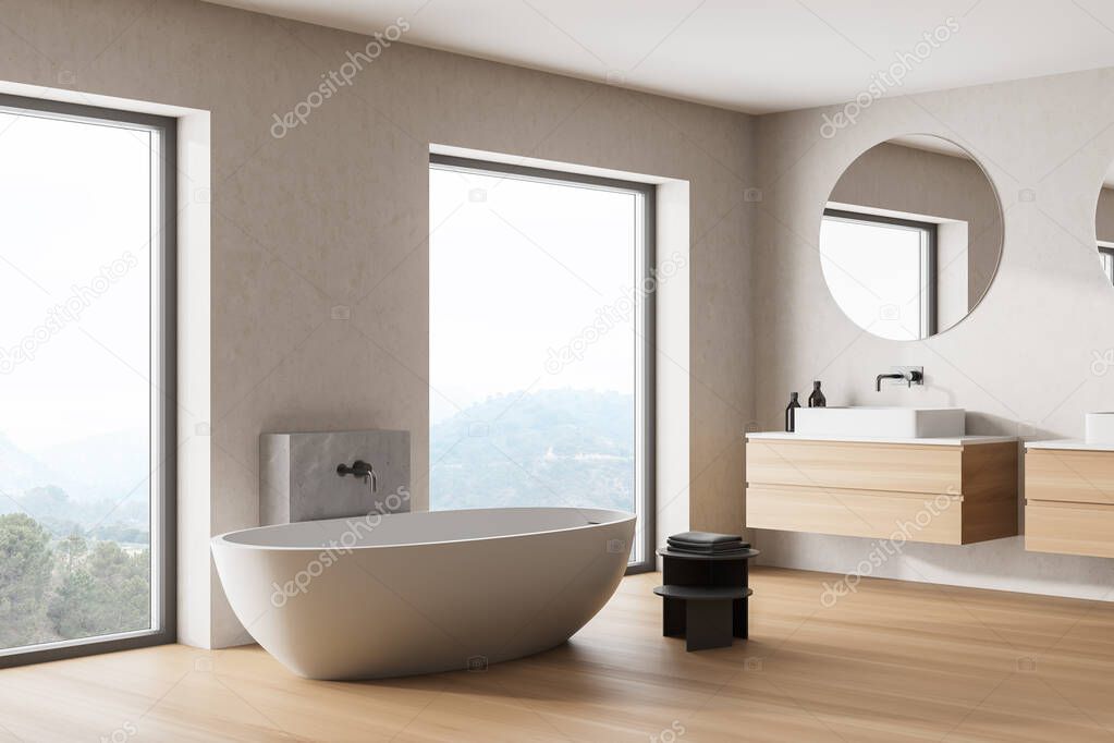 Wooden bathroom interior with a white tub, double sinks and round mirrors. 3d rendering mock up