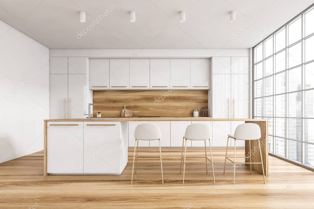 White and wooden minimalist kitchen, front view, dining table with bar chairs, window with city view. Cutting table in light modern kitchen, 3D rendering no people