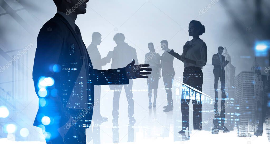 Businessman silhouette in formal suit holds out his hand for a handshake. Corporate culture concept. collegues are on background. Double exposure.