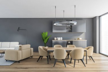 Mutfak seti ve yemek masası olan gri oturma odası bulaşıklı mutfak rafları, parke zemin. Açık uzay yemek odası 3D, kimseyi görüntülemez.