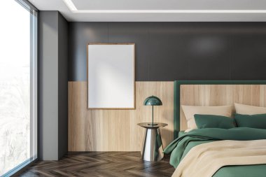 Yeşil ve ahşap yatak odalı, bej yastıklı ve yeşil çarşaflı bir çerçeve. Avuç içi manzaralı pencere ve parke zeminde lamba, 3D, kimseyi göstermiyor