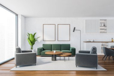 Beyaz oturma odasında, yeşil kanepeli, gri koltuklu, halıda kahve masalı, parke zeminli model çerçeve. Yeşil kanepeli oturma odası, 3 boyutlu, insan yok.