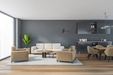 Gri oturma odası, bej kanepe ve koltuklar, halı üzerinde kahve masası, parke zemin. Mutfak seti ve yemek masası olan oturma odası, 3 boyutlu, kimseyi göstermiyor.