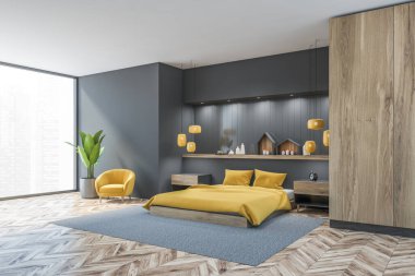 Gri ve ahşap yatak odası, gri halıda sarı çarşaflar, parke zemin ve pencere, yan görüş. Dekorasyonu ve bitkisi olan bir yatak odası, 3 boyutlu, insan yok.