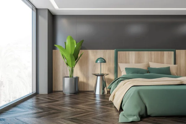 Green Wooden Bedroom Bed Beige Pillows Green Linens Window City — Stock Photo, Image