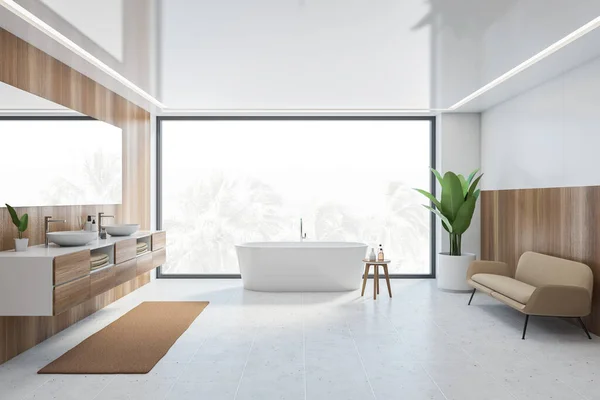 Banheiro Madeira Branco Com Banheira Vista Frontal Grande Janela Com — Fotografia de Stock