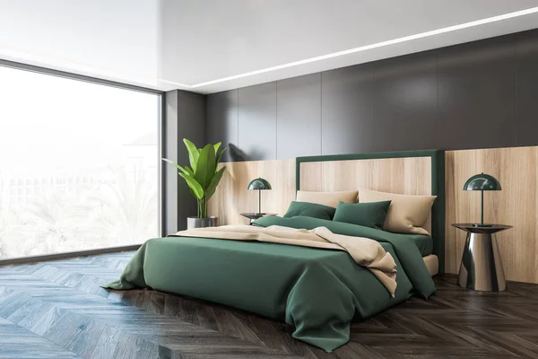 Green and wooden bedroom, bed with beige pillows and green linens, side view. Window with city view and lamps with plant on parquet floor, 3D rendering no people