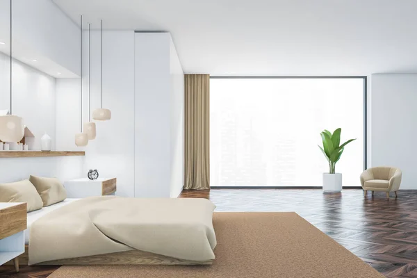 White and wooden sleeping room with bed with linens on carpet, parquet floor and window, side view. Bedroom with decoration and plant, 3D rendering no people