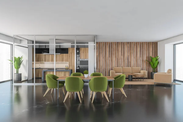 有厨房和沙发的大餐厅 有绿色椅子的餐桌 带有家具和厨房的开放空间房间设置在黑色大理石地板上 3D显示没有人 — 图库照片