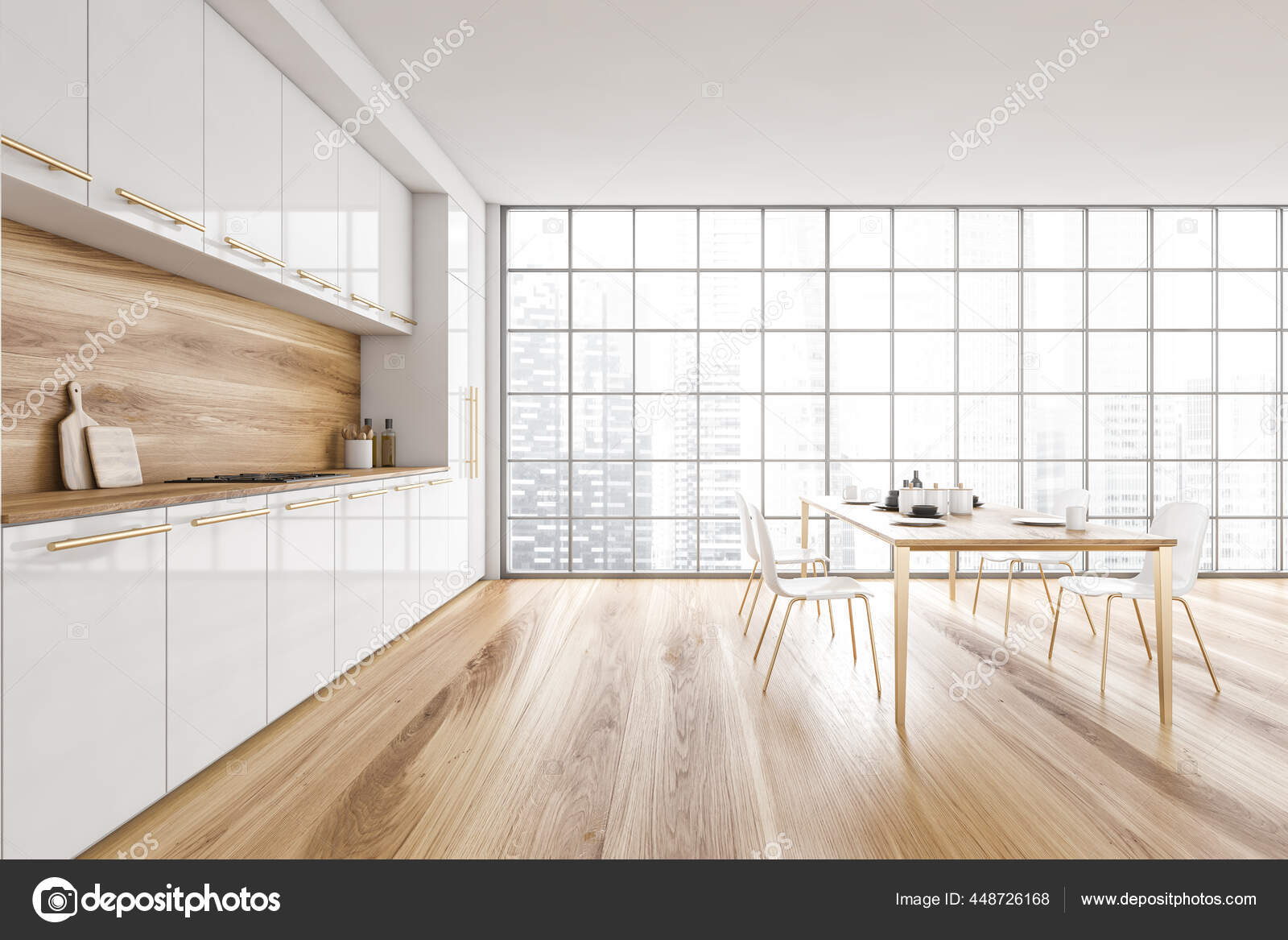 White Wooden Minimalist Kitchen Side View Dining Table Chairs Window