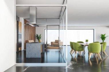 Mutfağı ve yeşil sandalyeli yemek masası olan büyük bir yemek odası. Mobilyaları ve mutfağı olan açık bir uzay odası. Siyah zemin üzerinde cam kapılar var. 3 boyutlu.